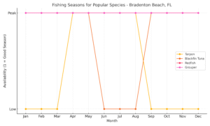 Fishing season chart for Tarpon, Blackfin Tuna, Redfish, and Grouper in Bradenton Beach, FL with AMI Sportfishing Charters.