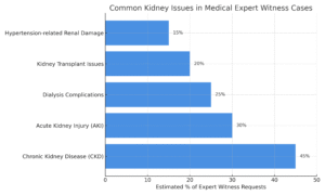 Bar chart showing frequency of expert witness requests for kidney-related conditions including CKD, AKI, and dialysis complications.