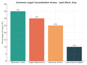 Bar chart showing percentage breakdown of legal consultation areas in California by Joel Mark, Esq, including attorney's fees and legal malpractice.