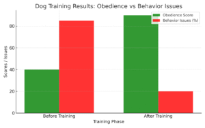 Bar graph showing improved obedience scores and reduced behavior issues before and after dog training in Robertsdale, AL