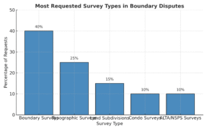 Bar graph showing percentages of survey types in boundary disputes in Sandpoint, Idaho, including boundary surveys, topographic surveys, and condo surveys.