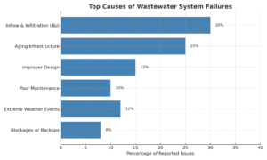 Graph of wastewater system failure causes including I&I, aging infrastructure, and stormwater design issues in Berkeley, CA